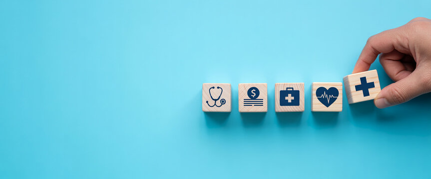 Healthcare icons on wooden cubes representing medical services and well-being.
