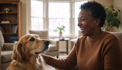 Plakat A happy senior african american woman laughing with her golden retriever dog at home. Elderly female owner enjoying companionship with her pet