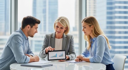 Fototapeta premium A professional business meeting with a mature woman presenting financial data on a tablet to a couple. Ongoing education. Generative AI.
