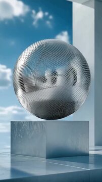 Silver mirror sphere floating above a white podium under a blue sky. abstract 3d animation, futuristic design, surreal landscape. Vertical orientation