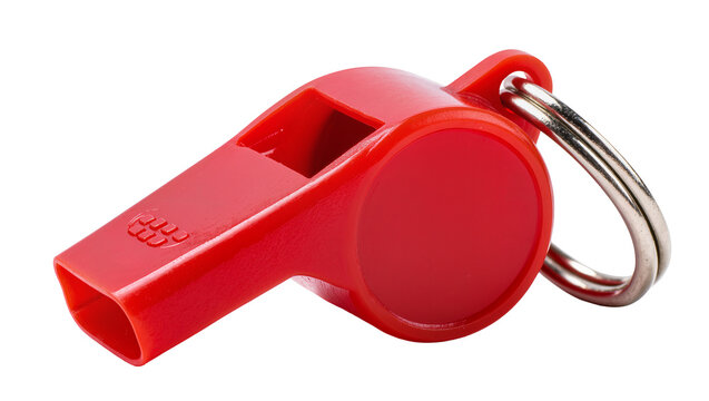 Red plastic referee whistle with silver metal lanyard ring