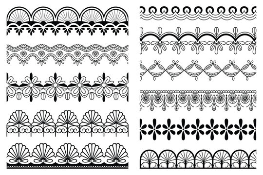 Lace Seamless Border Set with Cutwork Trim and Guipure Swirls, Vintage Wedding Invitation Divider, Decorative Henna Flourish Patterns for Textile Craft and Laser Cut Fabric Vector