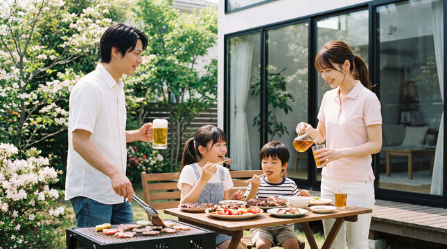 家族みんなで家の庭で楽しいバーベキュー