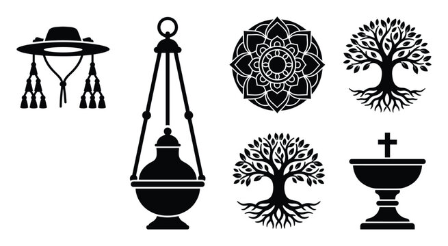 Collection of spiritual religious icons including cardinal hat, censer, sacred mandala, tree of life, and Christian chalice for faith and cultural heritage projects.
