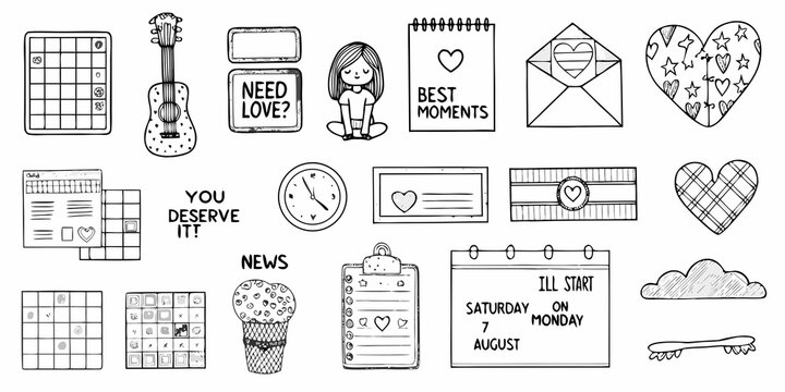 A collection of hand drawn doodle stickers in black and white