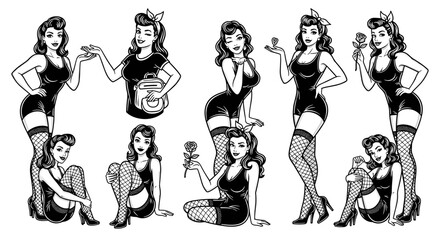 Obraz premium Vintage Pinup Girls Collection Retro Style Illustrations.