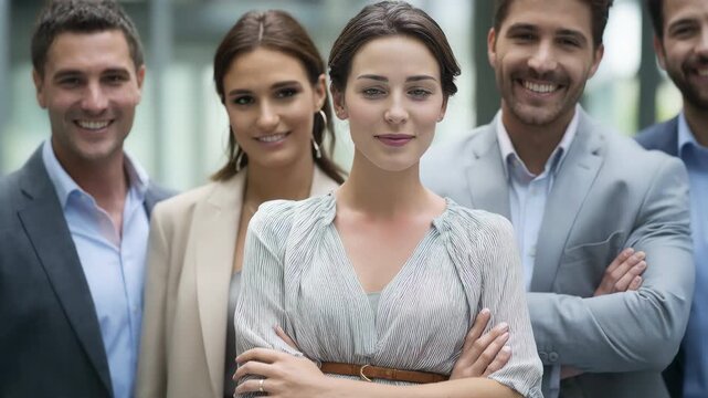 Portrait of one woman standing with crossed arms and her team office cinematic