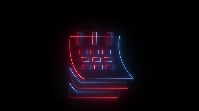 calendar date icon animation neon glowing blue and red color clip art routine day deadline presentation schedule planner sign symbol on black background.4k video