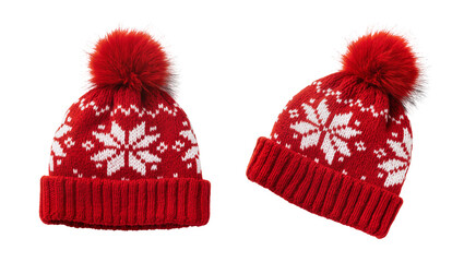 Red Knitted Winter Hats with White Snowflake Pattern and Fuzzy Pom-Poms © Lukas