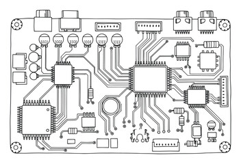 Fototapeta premium Detailed line drawing of a circuit board showing microchips, resistors, capacitors, and connectors, ideal for technology education and electronic hardware design presentations