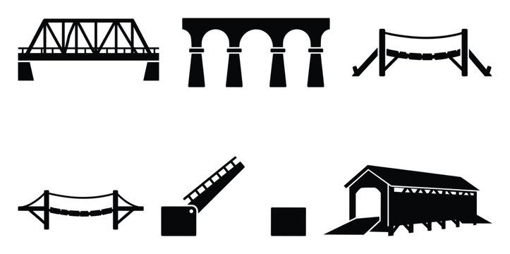 Comprehensive collection of diverse bridge types including truss arch suspension drawbridge and covered bridge silhouettes for various infrastructure transportation and urban planning