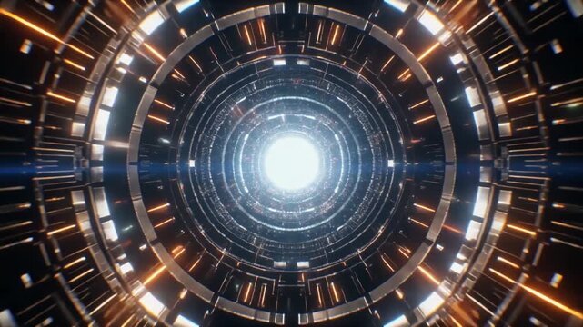 AI generated abstract glowing data vortex tunnel. Futuristic sci-fi cyber background with flowing digital light streams for technology and network concepts.