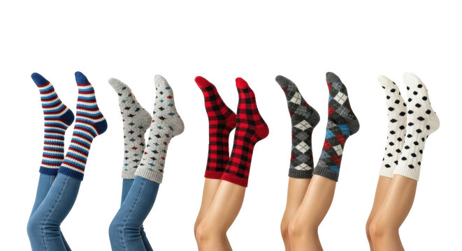 six pairs of feminine legs raised horizontally, showcasing diverse cozy socks in vibrant patterns and textures against an immaculate white studio background, playful intimacy and comfort atmosphere