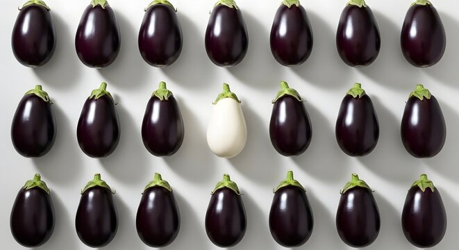 Arrangement of fresh eggplants with one contrasting white vegetable
