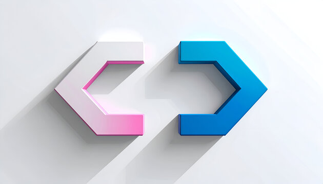 Abstract geometric coding symbol with pink and blue accents on a bright background