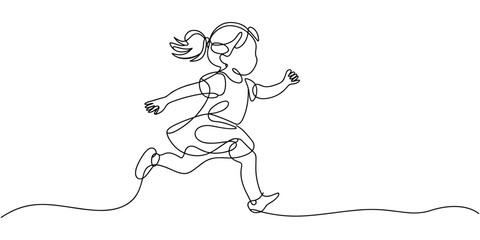 Little girl running and jumping one line art. Continuous line drawing of child, childhood, play, boy, girl, active games, kindergarten, joy, motherhood.