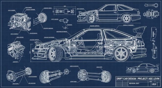 Detailed Blueprint of a Sports Car Engine and Chassis.