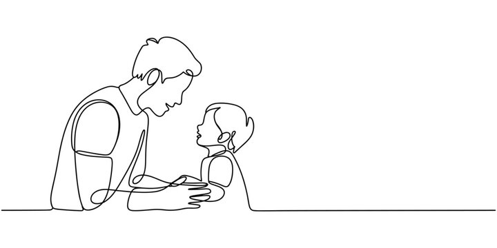 Continuous single line of young father giving some wise advice talk to his child. Happy family parenting concept. Trendy sketch drawing editable stroke vector illustration