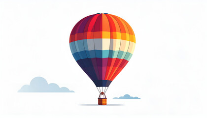 Fototapeta premium Colorful hot air balloon floating in sky with stylized clouds; cartoon vector illustration