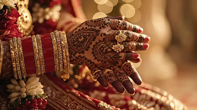 Luxury Close-Up of Indian Bride Hands with Mehndi and Gold Bangles in Warm Light