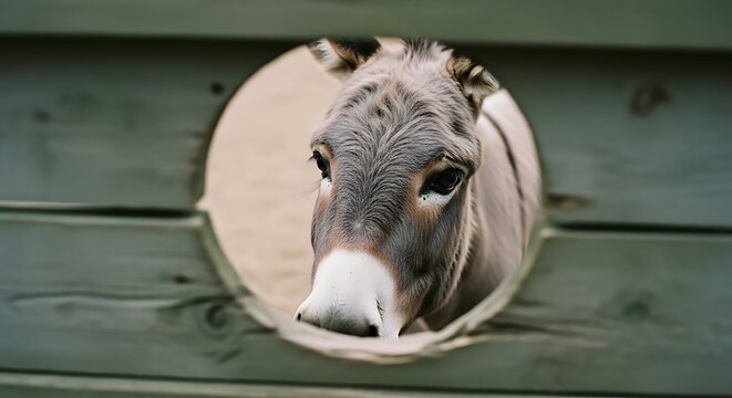 Cute Donkey Peeking Through a Round Hole in a Wooden Fence