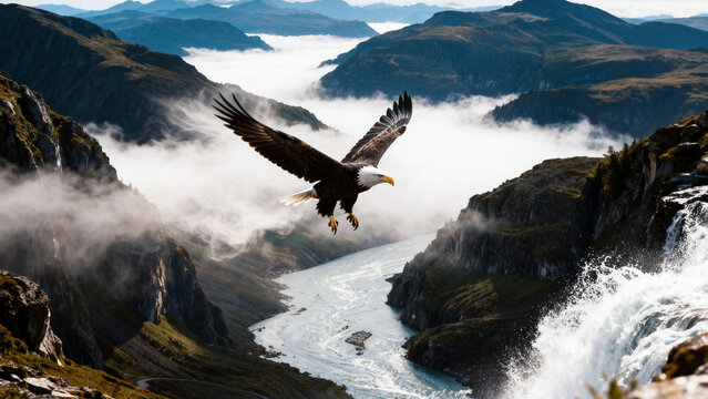 The towering mountains in the picture are majestic, with layers of rolling hills in the distance. Clouds and mist are like a dreamy veil, gently permeating the mountains. The water in the canyon flows