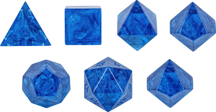 Blue marbled polyhedral RPG dice set isolated on transparent background