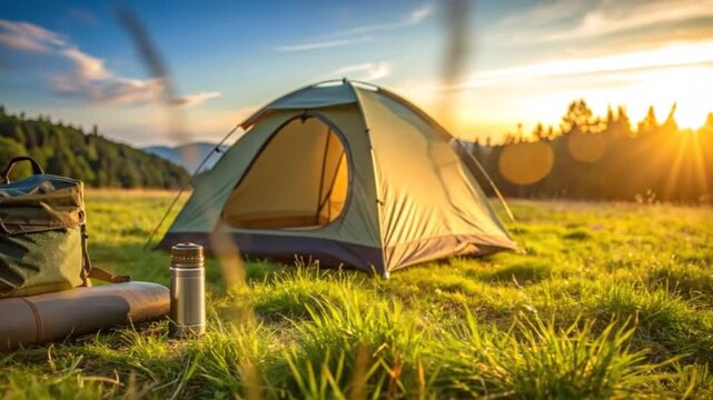 Camping gear set up on a green meadow with a tent, backpack, and thermos under the sunset.