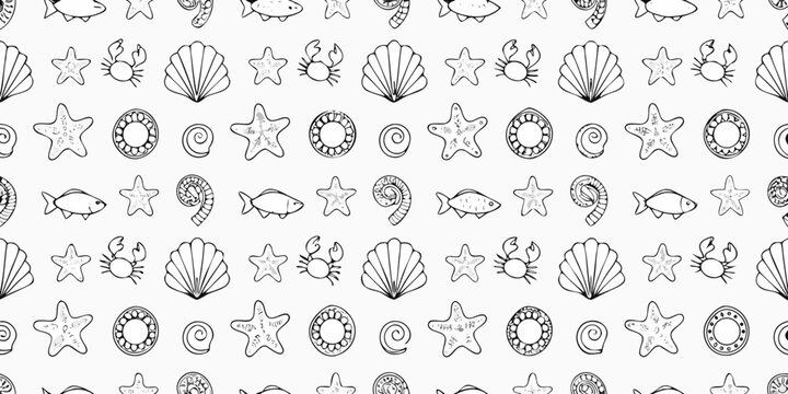 A seamless pattern of hand drawn marine life and beach elements