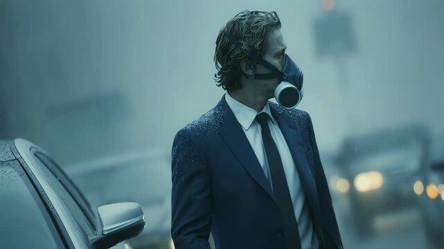 Front view of one businessman wearing gas mask walking in fog cinematic