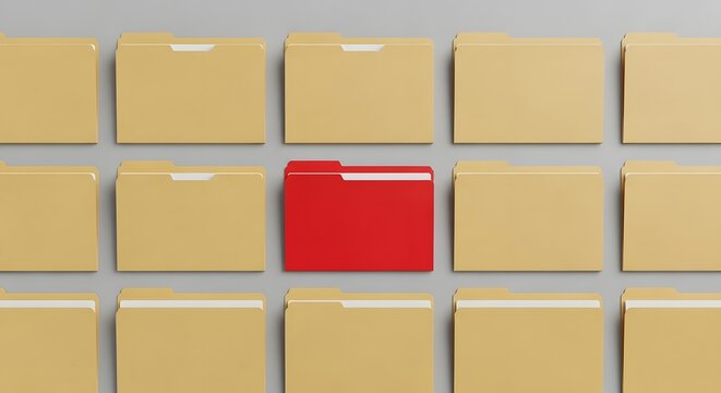 Red folder stands out amongst a grid of tan folders on a neutral background