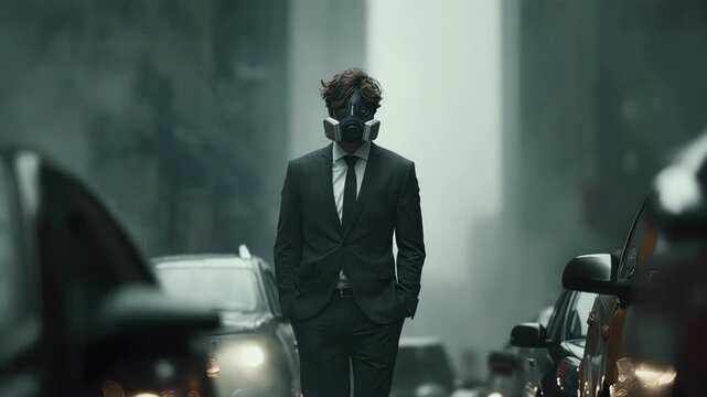 Front view of one businessman in gas mask walking on dark street cinematic