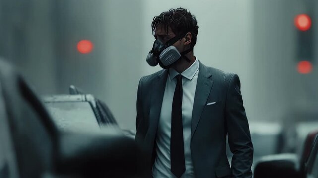 Front view of one businessman in grey suit and mask walking in rain cinematic