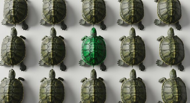 Unique green turtle among similar brown turtles on white background