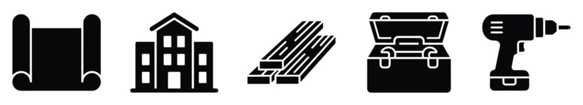 Essential construction and architecture icons including blueprint scroll, building structure, stacked lumber, open toolkit, and powerful cordless drill for diverse industry design projects
