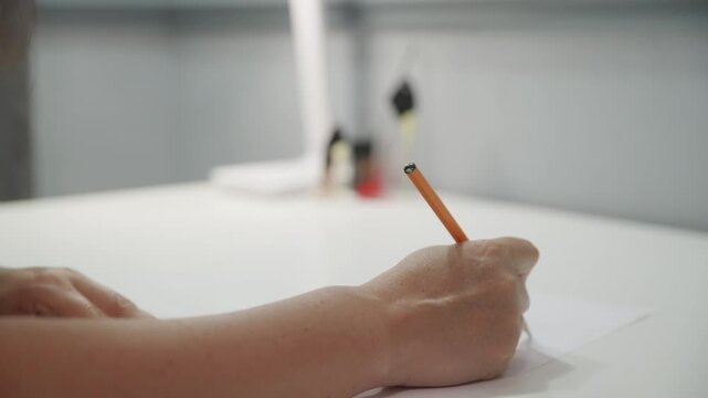 Closeup of a woman's hand drawing or writing on a blank white sheet of paper with a graphite pencil. She is sitting at a clean, white table in a bright room, focusing on her creative work