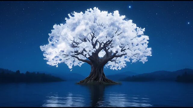 A serene tree flourishing gracefully over a tranquil lake under a starry night sky. The image evokes a sense of peace and wonder, inviting viewers to explore the beauty of nature