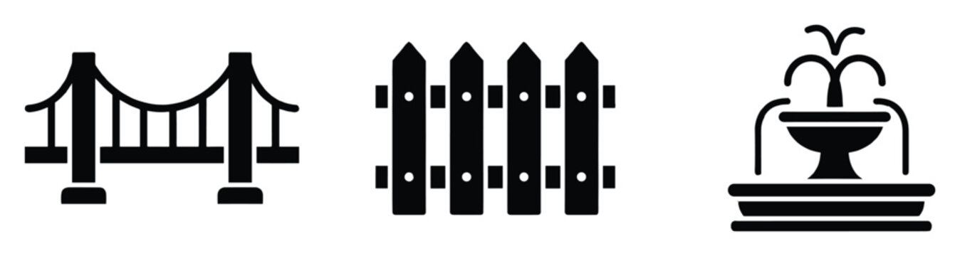 Selection of silhouette icons depicting a robust suspension bridge, a classic picket fence, and an elegant water fountain, excellent for architectural or landscape themed graphic design