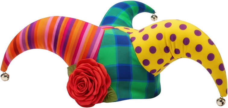 Colorful jester hat png Vibrant fools cap cutout Festive joker headpiece png Whimsical clown bonnet cutout Multicolored carnival hat png Striped costume isolated transparent background image
