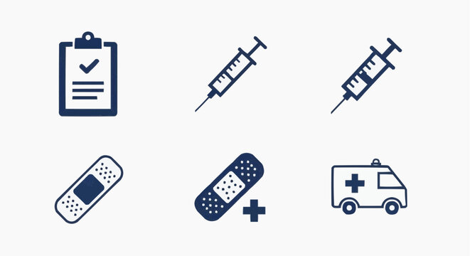 Medical icon set with syringe and ambulance, flat healthcare vector elements, 6 navy blue icons featuring clipboard and adhesive bandages