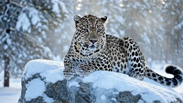 Amur Leopard resting on snow-covered rock in winter scene
