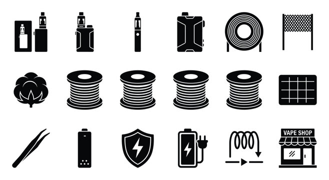 Essential vaping accessories and devices icon set, perfect for ecigarette product branding, shop displays, and online informational resources