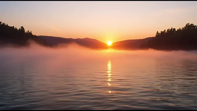 A serene sunrise over a tranquil lake, the sky ablaze with vibrant hues and a gentle mist hovering over the water