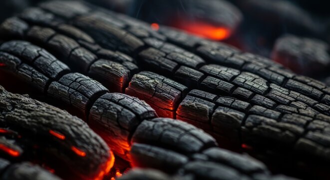 Glowing Embers in Charcoal Ashes Closeup.