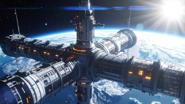 Futuristic space station orbiting Earth, showcasing advanced technology and cosmic exploration.