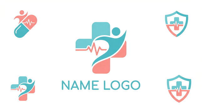 Medical logo design features a stethoscope on a red and blue shield with a person and pills