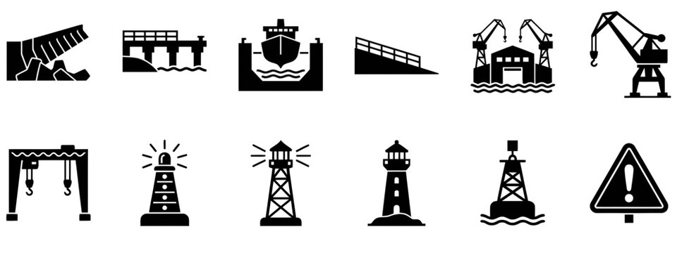 Set of maritime industry icons showing port infrastructure dry docks various cranes lighthouses and a navigational buoy ideal for nautical and shipping themed projects.