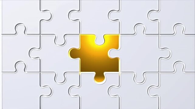 Recruitment concept of missing puzzle piece glowing gold in center.