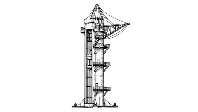 This intricate technical drawing showcases a multilevel tower with a crane and viewing platforms, ideal for engineering studies and architectural design concepts.