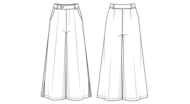 Front and back views of a wide leg tailored pants with side pockets and a neat waistband for clothing design.